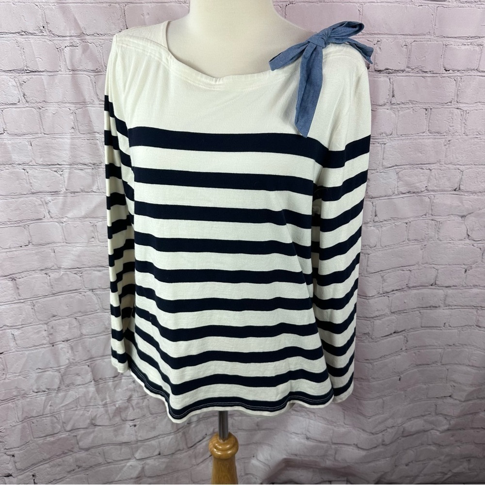 Talbots navy striped Cotton Top denim bow detail swz XL petite nautical beach